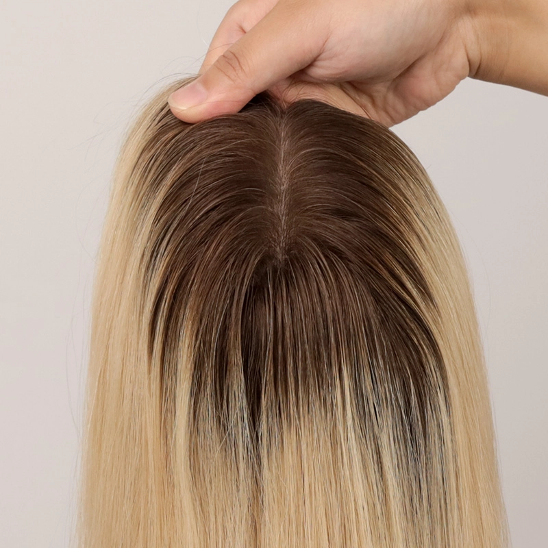 Blonde color silk topper with dark root for hair loss virgin human hair YR0023